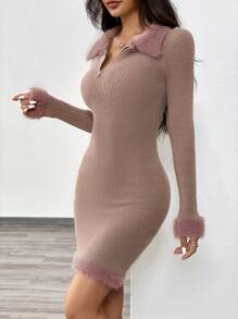 Chiquease Plain Zipper Fluffy Patchwork Ribbed Knit Long Sleeve Sweater Dress Fall Cloth For Women - Khaki - View 4