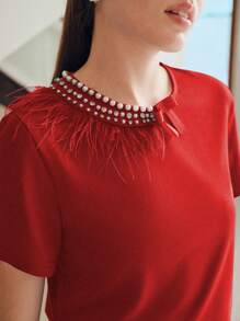 MOTF PREMIUM ÁO THUN TAY NGẮN CHI TIẾT ĐÁ NGỌC TRAI GIẢ CÓ VIỀN LÔNG CHO QUẦN ÁO NĂM MỚI - Đỏ - Xem 7