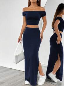 SHEIN Unity Conjunto de blusa plisada de hombros descubiertos y falda con abertura lateral de unicolor - Azul Marino - Ver 3