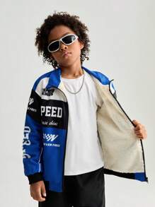 SHEIN Conjunto de 2 piezas para niños preadolescentes, chaqueta con bloques de color y pantalones cargo de moda