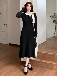 DAZY 女款對比領抽繩針織洋裝，秋季女裝保暖內裡婚禮賓客洋裝 - 黑色 - 查看 3