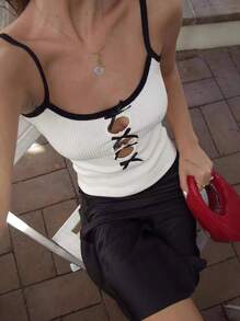 SHEIN Essnce Women's Hollow Bowknot Decor Contrast Trim Minimalist Knit Tank Top - Black and White - View 1
