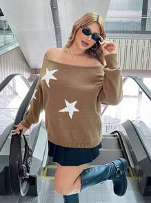 SHEIN EZwear Plus Size Open Shoulder Star Pattern Sweater