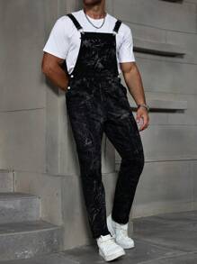 Manfinity Homme 男式褪色蓝色复古水洗修身背带工装裤 - 深色水洗藍 - 查看 5