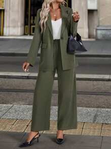 SHEIN LUNE Conjunto de traje para mujer: chaqueta y pantalones - Verde militar - Ver 4