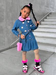 SHEIN Explorewe Young Girls Long Sleeve Belted Fluffy Collar Patchwork Washed Real Denim Fashion Dress With Bear Embroidery Pleated Hem, Suitable For Autumn And Winter - Multicolor - View 7