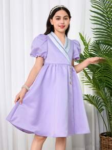 SHEIN Leap Crew 少女合身休闲撞色领蝴蝶结装饰纽扣西装领泡泡袖连衣裙 - 淡紫色 - 查看 4