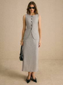 Poéselle 2 件女士单排扣背心和长款中长裙优雅办公室套装，粗花呢背心中长裙套装，优雅风格，轻松时尚必备，FW24 - 彩色 - 查看 7