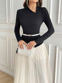 Modelyn Women's Asymmetric Neckline Long Sleeve Color Block Arabian Modest Dress Long Evening Dresses