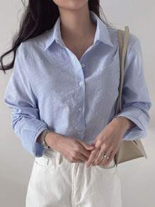 DAZY Camisa de manga larga a rayas de estilo casual para primavera y otoño, ropa de mujer para el otoño - Azul y blanco - Ver 3