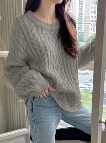 DAZY Casual Loose Fit Solid Color Drop Shoulder Sweater, Autumn/Winter - Grey - View 1