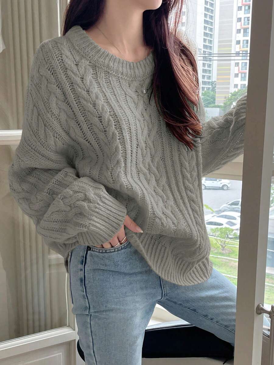 DAZY Casual Loose Fit Solid Color Drop Shoulder Sweater, Autumn/Winter - Grey - View 1