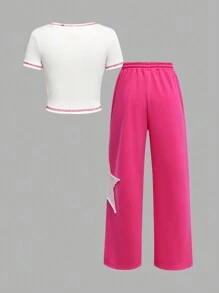 SHEIN Ensemble Top à col ras du cou en maille à manches courtes et pantalon droit pour fille préadolescente, décontracté