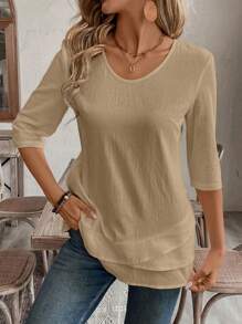 EMERY ROSE Fall Women Clothes Crew Neck Long Sleeve Floral All-Over Print Casual Top - Khaki - View 7