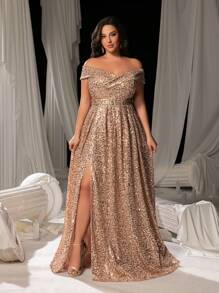 Faeriesty Curve Elegant Plus-Size Off-The-Shoulder High-Slit A-Line Formal Evening Gown For Gala Events, Wedding Receptions, Charity Balls, Award Ceremonies, And Formal Banquets
