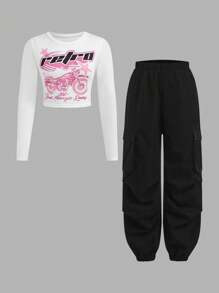 SHEIN Bộ 2 chiếc áo nỉ dài tay in chữ và xe máy dễ thương cho bé gái tuổi teen và quần túi hộp trơn rộng rãi - Nhiều màu - Xem 11