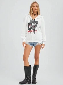 SHEIN EZwear Skeleton Pattern White Oversized Hoodie, Casual Sweatshirt For Fall & Winter, Halloween - White - View 4