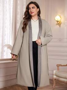 Mulvari Áo khoác dệt kim chắp vá vải nhung cỡ lớn thời trang thu đông thường ngày - Màu Khaki - Xem 3