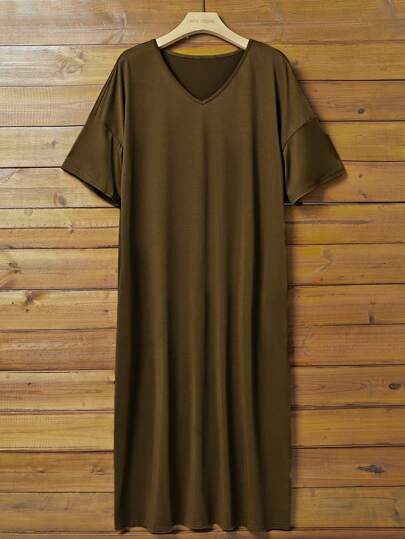 Chiquease 女式纯色 V 领短袖休闲宽松 H 型直筒连衣裙，夏季