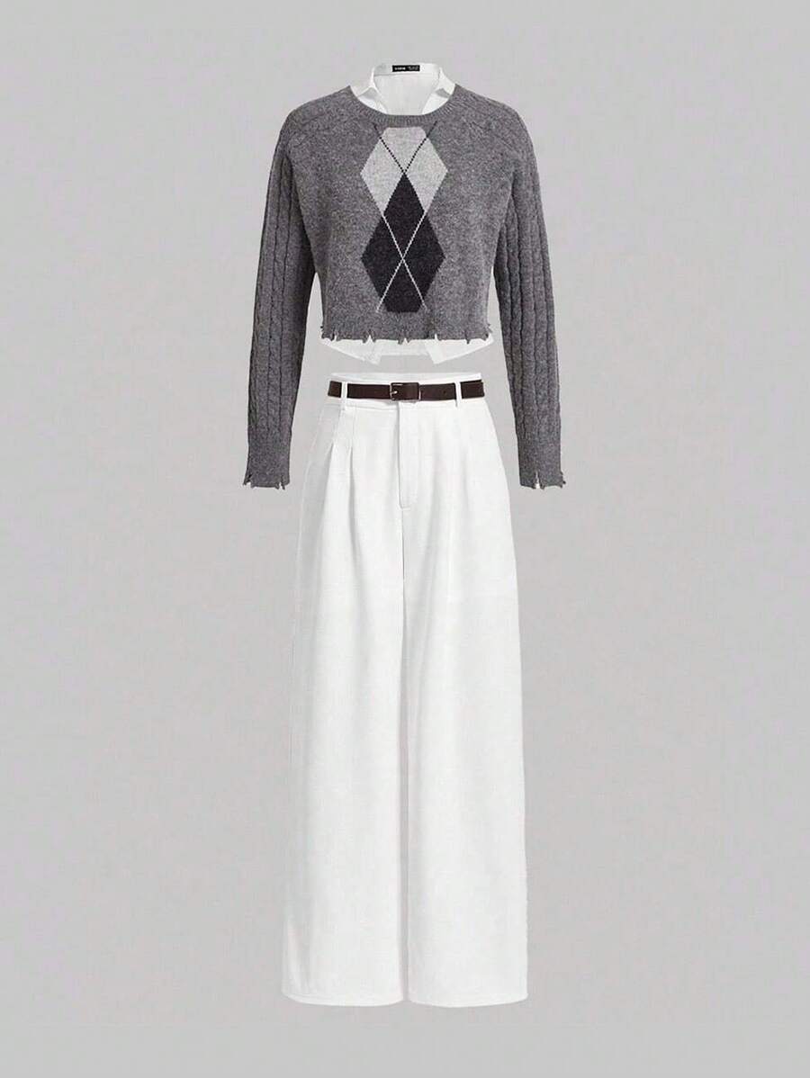 SHEIN MOD 女士灰色流苏边菱形图案针织毛衣，返校季，秋季针织套头衫，秋季女士毛衣 - 灰色 - 查看 1