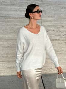 SHEIN Cottnline Pulover pulover elegant, cu gât rotund, cu dantelă la spate - alb - Vizualizare 4