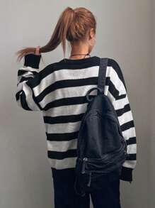 DAZY Women's Round Neck Loose Striped Embroidery Sweater - Black and White - View 5