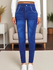 Leggings con efecto de mezclilla de estilo europeo y americano a la moda, de tela cómoda y suave para fitness, running, uso casual, yoga, actividades al aire uso diario, con patrón de rayas azules en capri - Azul - Ver 5