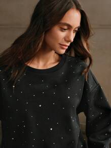 Anewsta Áo nỉ dài tay cổ tròn đính đá kiểu dáng thường ngày dành cho nữ, thích hợp cho mùa thu. - màu đen - Xem 2