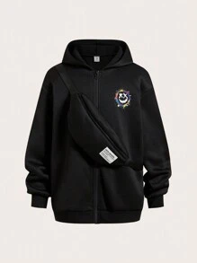 2pcs Tween Boys Casual Korean Style Graphic Print Hoodie Cardigan Jacket And Crossbody Bag Set,In Fall/Winter