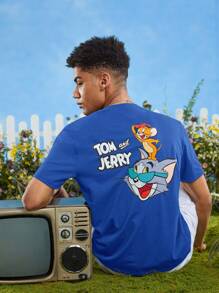 TOM & JERRY X SHEIN Nam Phim hoạt hình và chữ cái In Ngắn tay Áo thun - Xanh đậm - Xem 1