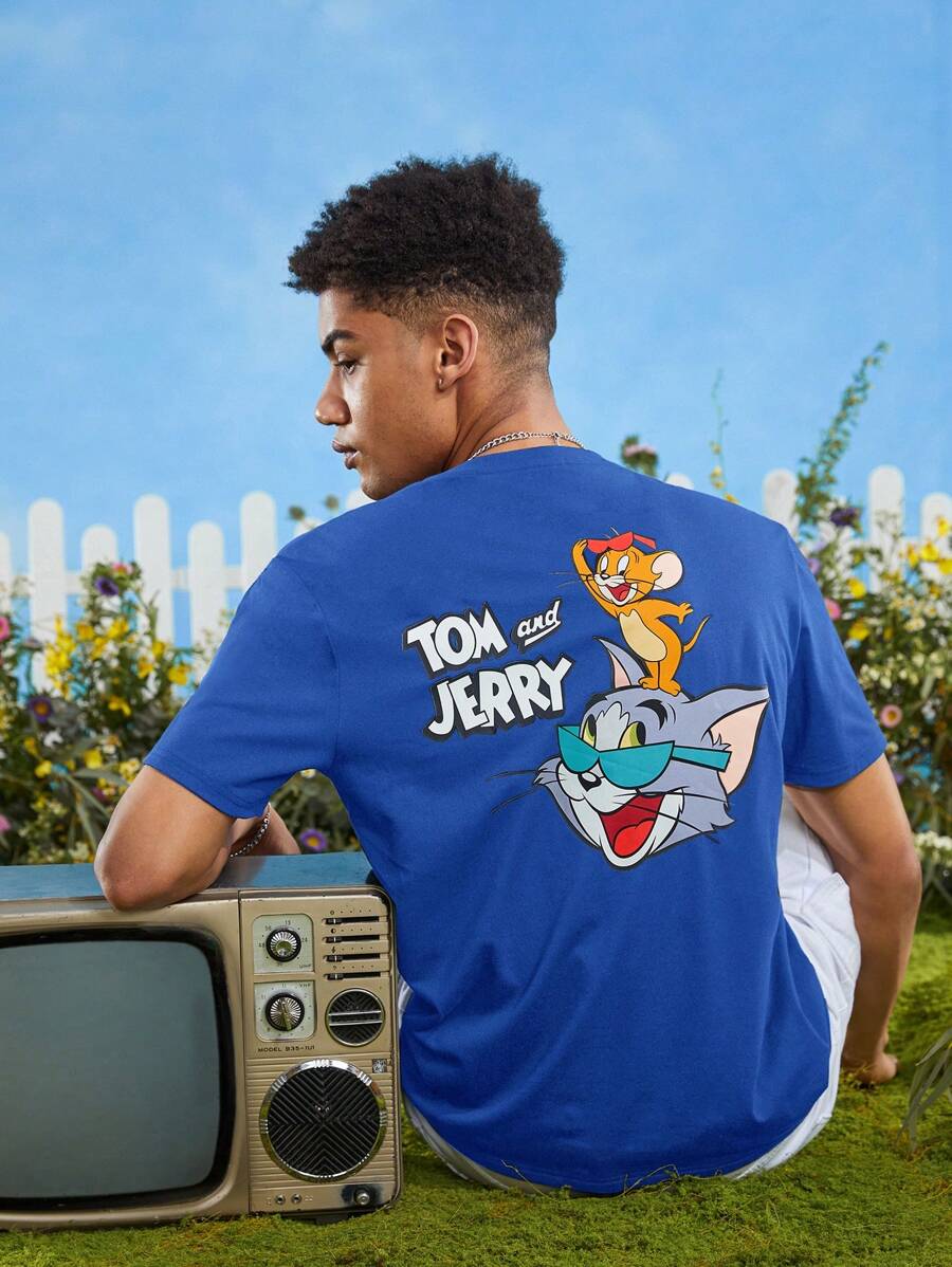 TOM & JERRY X SHEIN Nam Phim hoạt hình và chữ cái In Ngắn tay Áo thun - Xanh đậm - Xem 1