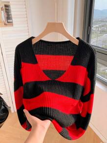 Comfortcana Suéter de punto roto con rayas rojas y negras nuevo para mujer - Negro - Ver 4