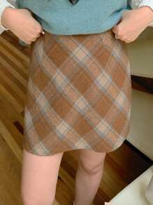 DAZY 女式格子 A 字裙，秋冬款 - 咖啡棕 - 查看 5