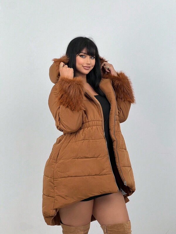 Flirla Cappotto imbottito di lunghezza media casual per taglie comode, per abbigliamento invernale