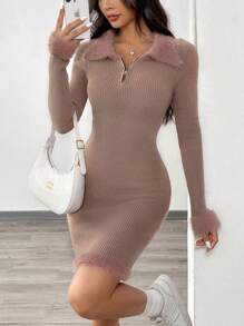 Chiquease Plain Zipper Fluffy Patchwork Ribbed Knit Long Sleeve Sweater Dress Fall Cloth For Women - Khaki - View 3
