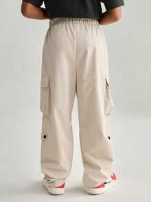 SHEIN 男童直筒褶皱口袋休闲工装裤 - 米色 - 查看 2