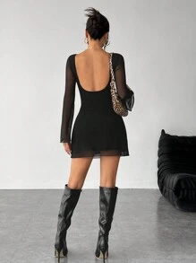 SHEIN PETITE 女士黑色新款性感露背长款喇叭袖网纱连衣裙初秋款