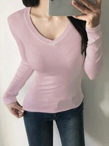 DAZY Áo thun nữ tay dài cổ chữ V dáng ôm thoải mái, mùa xuân và mùa hè - Màu tím hoa cà - Xem 1