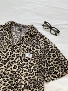Comfortcana Plus Size Women Leopard Print Patch Short Sleeve Top And Shorts Suit, Spring/Summer,Holiday Outfits Animal Print Two Pieces Shorts Set Two Pieces Short Sets For Women