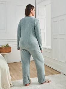 RueChic 100% Cotton 2pcs Plus Size Bear Embroidery  With Contrast Stitching Detail PJ Set - Mint Green - View 2