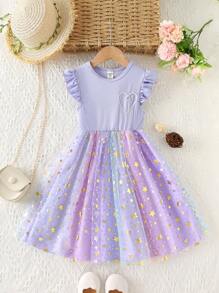SHEIN Young Girl Elegant Round Neck Cap Sleeve Waisted Colorful Star Print Dress - Purple - View 1