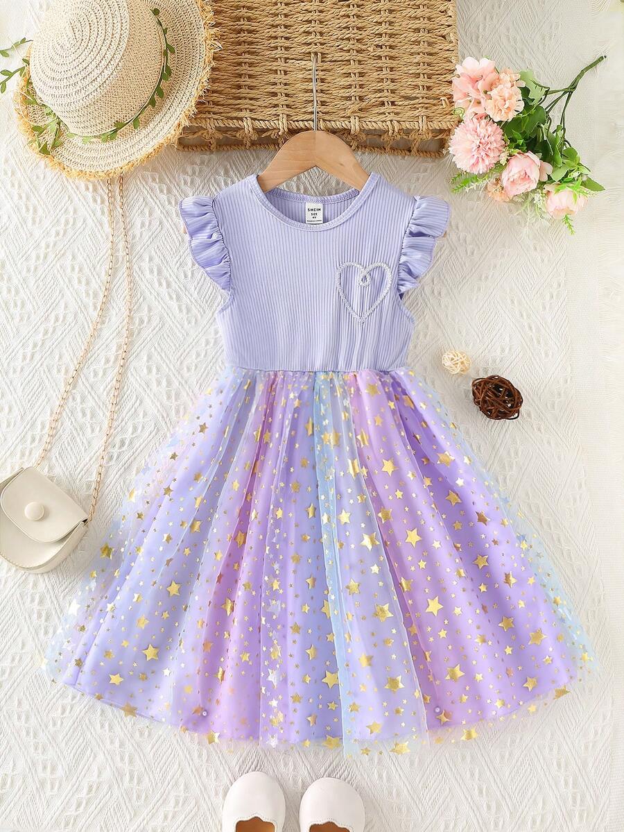 SHEIN Young Girl Elegant Round Neck Cap Sleeve Waisted Colorful Star Print Dress - Purple - View 1