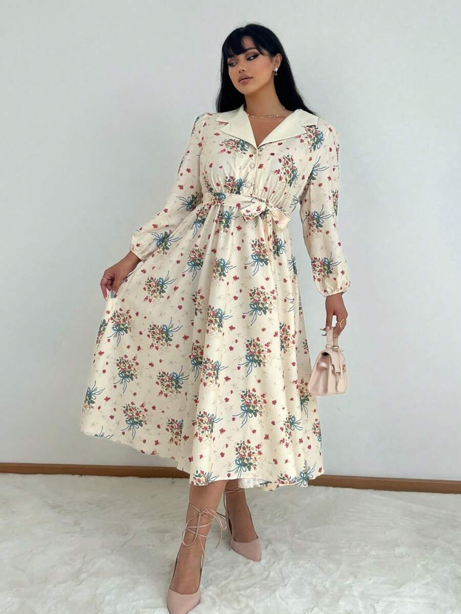 SHEIN Clasi 大码女式花卉印花长袖优雅衬衫裙 - 彩色 - 查看 1