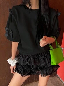DAZY 女士蝴蝶结宽松短袖休闲 T 恤 - 黑色 - 查看 4