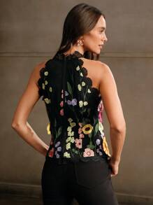 Anewsta 无袖 3D 花卉彩色优雅浪漫女式衬衫图案 T 恤女式上衣 - 黑色 - 查看 2