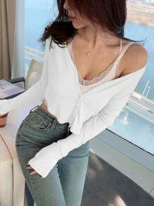 DAZY Áo thun nữ tay dài cổ chữ V một hàng khuy đơn màu, thường ngày, mùa xuân và mùa hè - trắng - Xem 1