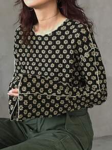 FRIFUL 女式花卉印花纹理喇叭袖长袖 T 恤，返校服装