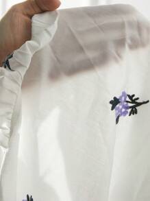 SHEIN Privé 女士春夏印花荷叶边V领灯笼袖优雅衬衫 - 淡紫色 - 查看 7