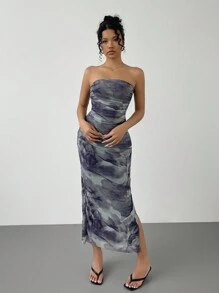 Chiquease Women Tie-Dye Printing Pleated Dress With Asymmetric Hem And Fitted Silhouette - Mint Green - View 4
