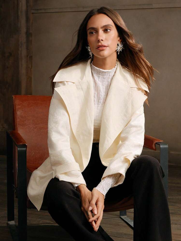 Urban Minimalist Embroidered Patchwork Apricot Trench Coat For Women